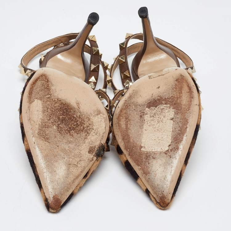 Pre Owned Valentino Brown Leopard Print Calfhair and Leather Rockstud Caged Sandals Size 36.5