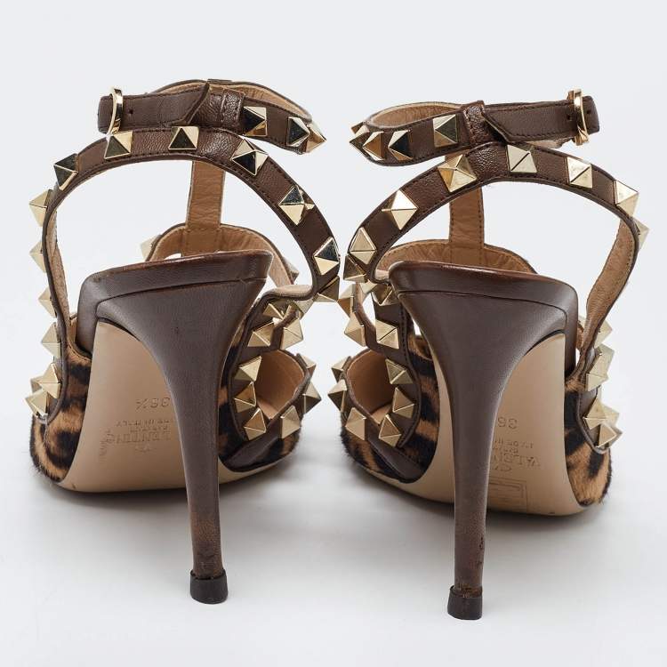 Pre Owned Valentino Brown Leopard Print Calfhair and Leather Rockstud Caged Sandals Size 36.5