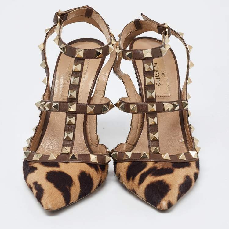 Pre Owned Valentino Brown Leopard Print Calfhair and Leather Rockstud Caged Sandals Size 36.5