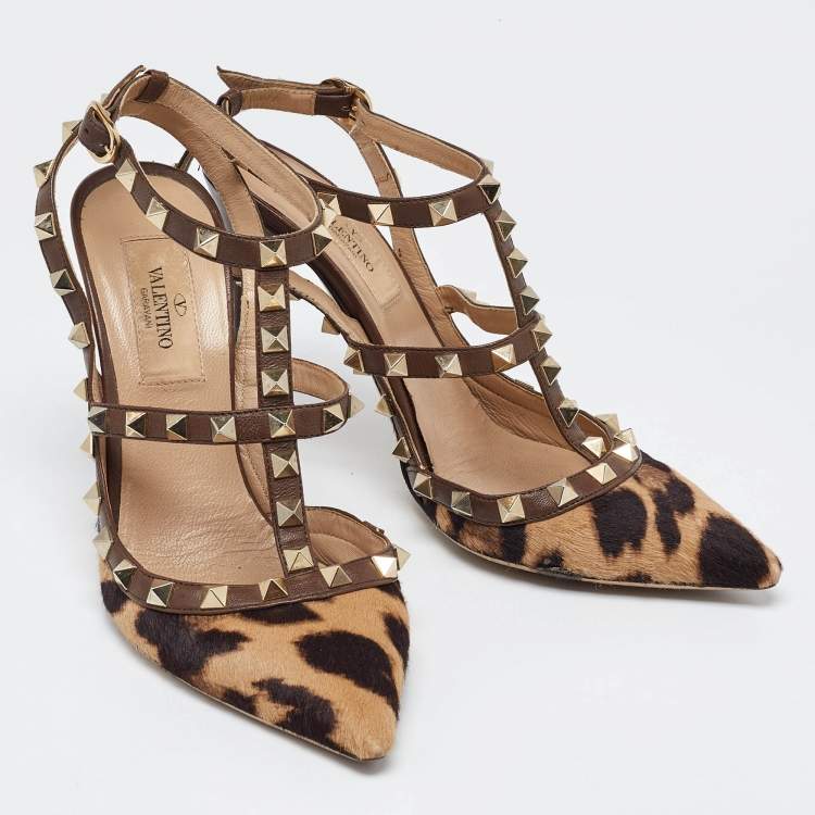 Pre Owned Valentino Brown Leopard Print Calfhair and Leather Rockstud Caged Sandals Size 36.5