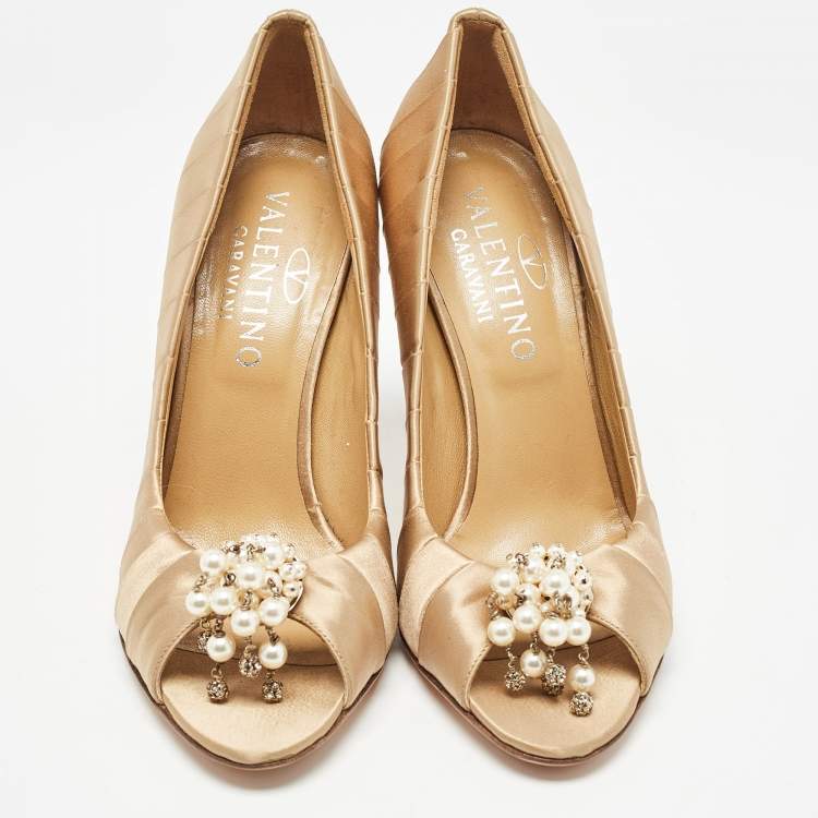 Pre Owned Valentino Beige Satin  Crystal Embellished Open Toe Pumps Size 36.5