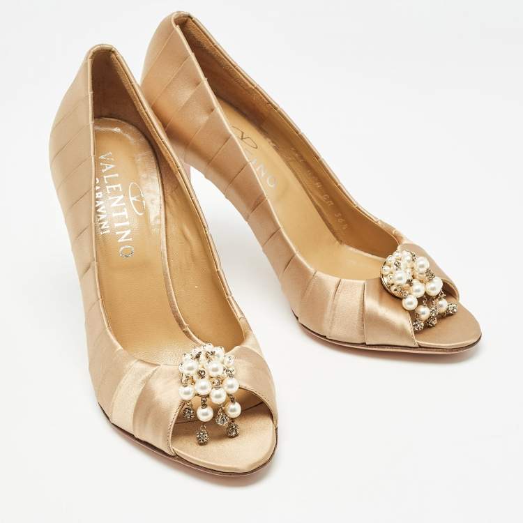 Pre Owned Valentino Beige Satin  Crystal Embellished Open Toe Pumps Size 36.5