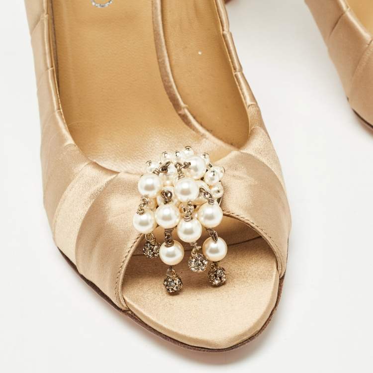 Pre Owned Valentino Beige Satin  Crystal Embellished Open Toe Pumps Size 36.5