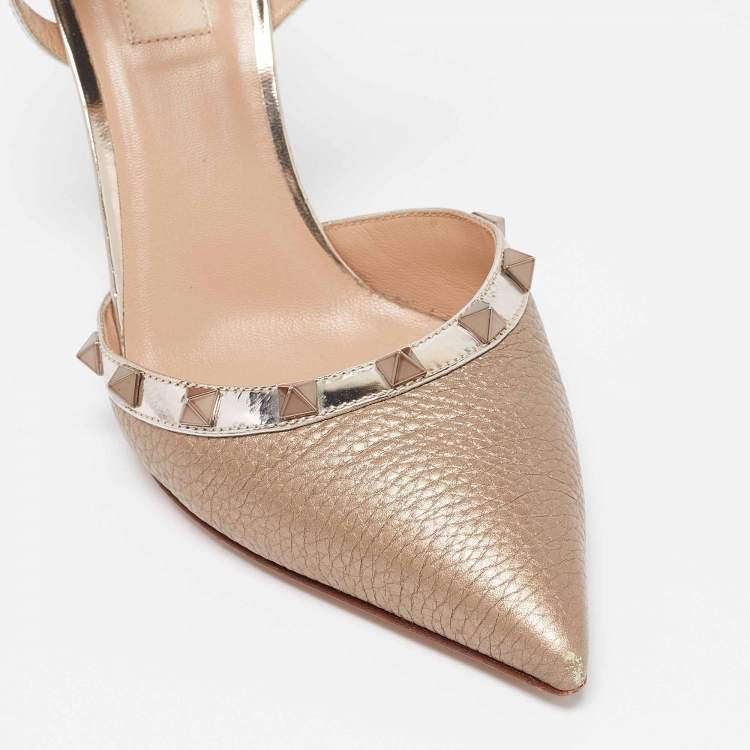 Pre Owned Valentino Gold Leather Rockstud Ankle Strap Pumps Size 39