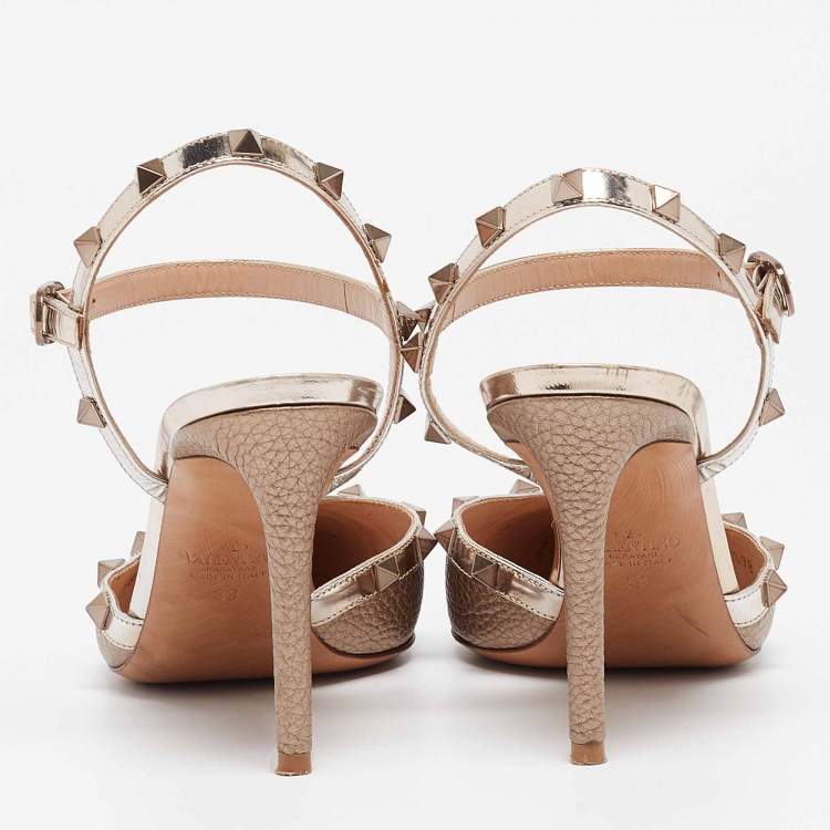Pre Owned Valentino Gold Leather Rockstud Ankle Strap Pumps Size 39