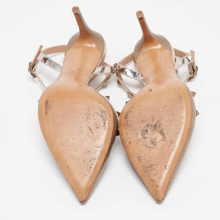 Pre Owned Valentino Gold Leather Rockstud Ankle Strap Pumps Size 39