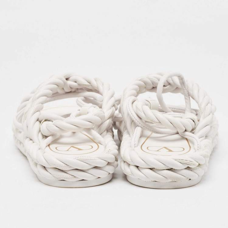 Pre Owned Valentino White Braided Leather Ankle Tie Flats Size 39