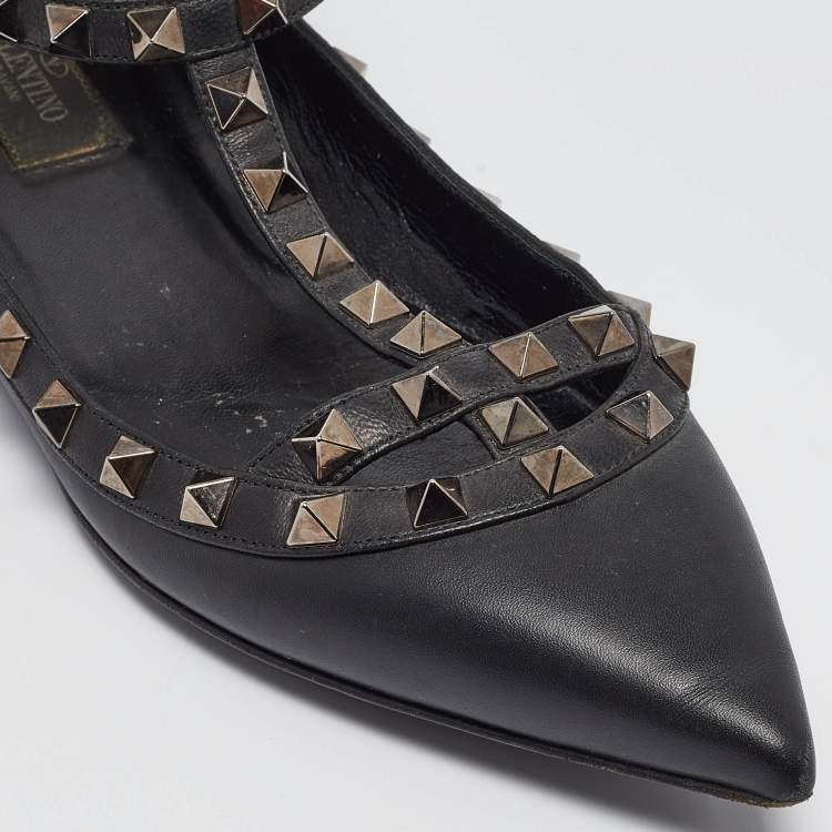 Pre Owned Valentino Black Leather Rockstud Ankle Strap Flats Size 37