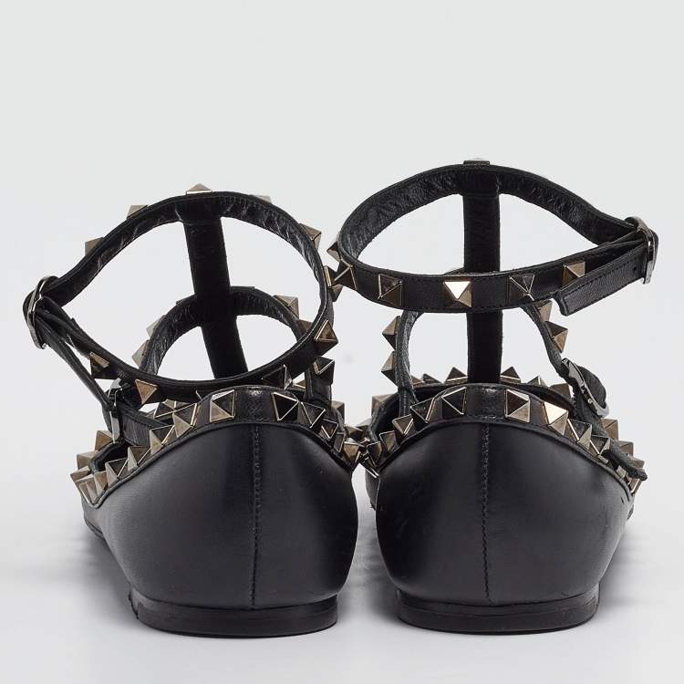 Pre Owned Valentino Black Leather Rockstud Ankle Strap Flats Size 37