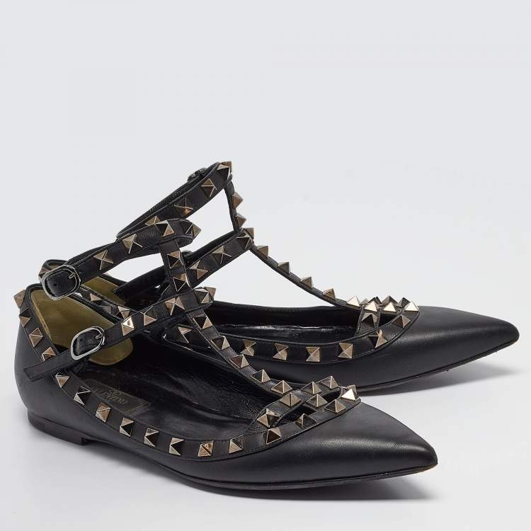 Pre Owned Valentino Black Leather Rockstud Ankle Strap Flats Size 37