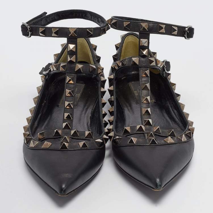 Pre Owned Valentino Black Leather Rockstud Ankle Strap Flats Size 37