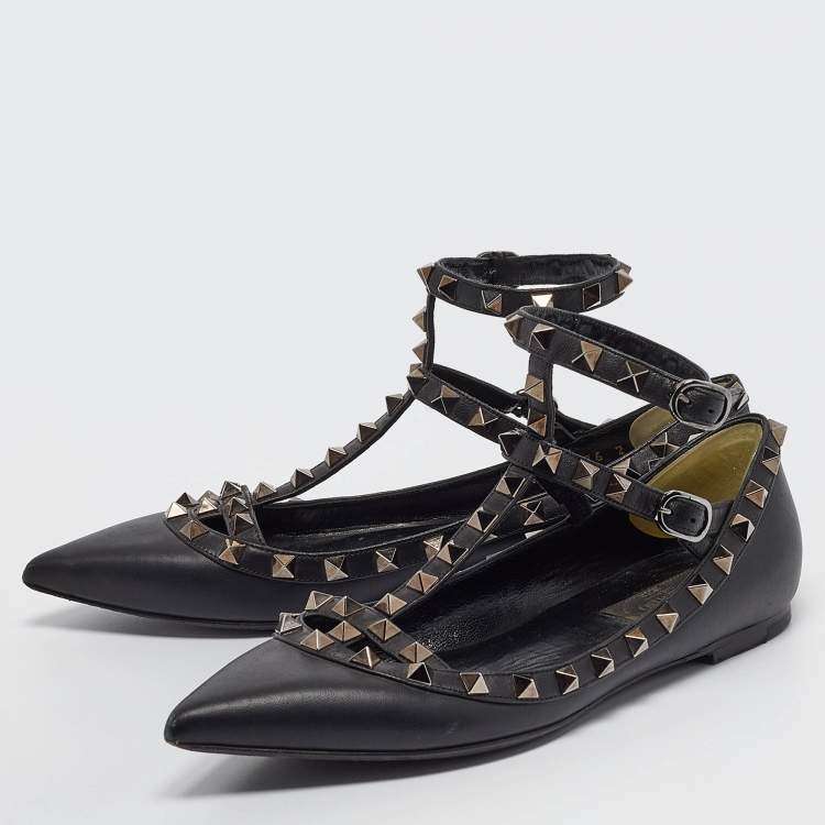 Pre Owned Valentino Black Leather Rockstud Ankle Strap Flats Size 37