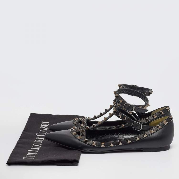 Pre Owned Valentino Black Leather Rockstud Ankle Strap Flats Size 37