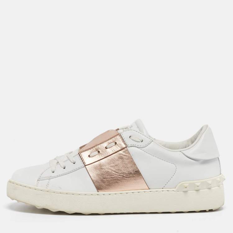 Pre Owned Valentino White/Pink Leather Rockstud Lace Up Sneakers Size 40
