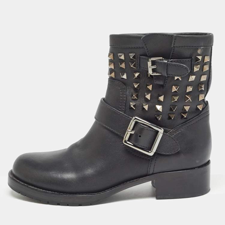 Pre Owned Valentino Black Leather Rockstud Ankle Boots Size 37.5