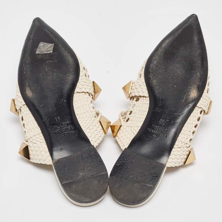 Pre Owned Valentino White Woven Leather Roman Rockstud Flat Mules Size 38