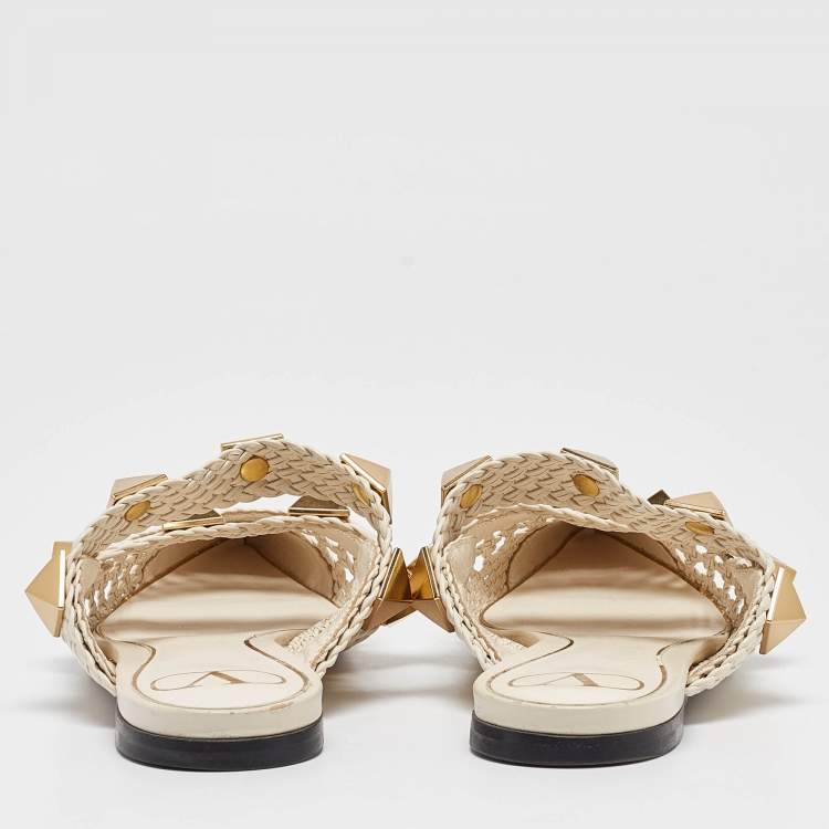 Pre Owned Valentino White Woven Leather Roman Rockstud Flat Mules Size 38