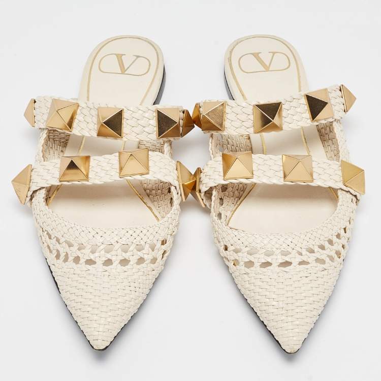 Pre Owned Valentino White Woven Leather Roman Rockstud Flat Mules Size 38