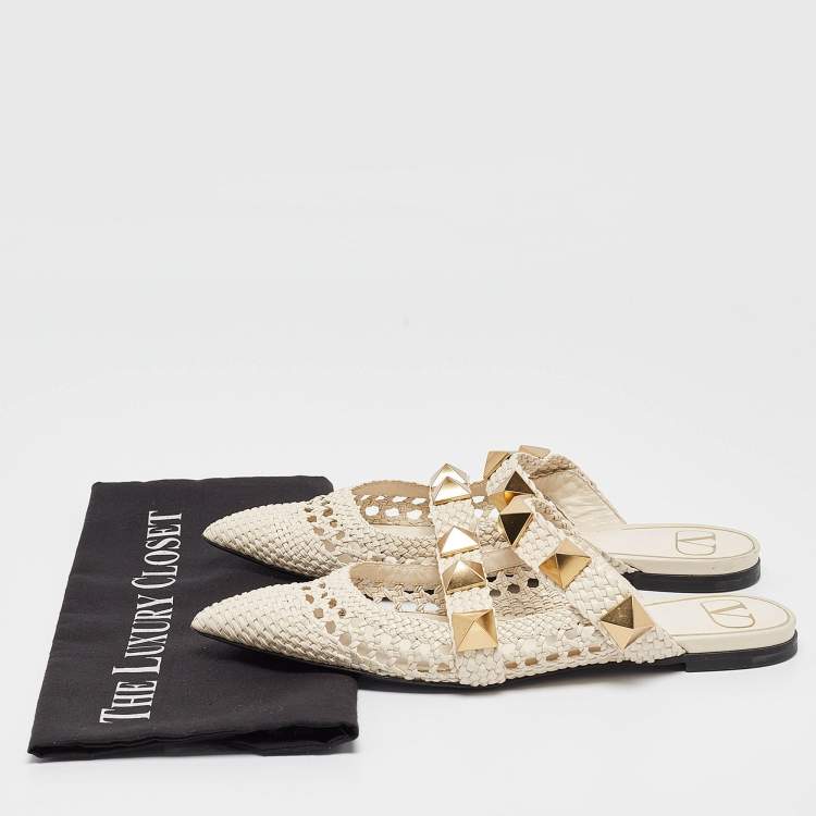 Pre Owned Valentino White Woven Leather Roman Rockstud Flat Mules Size 38