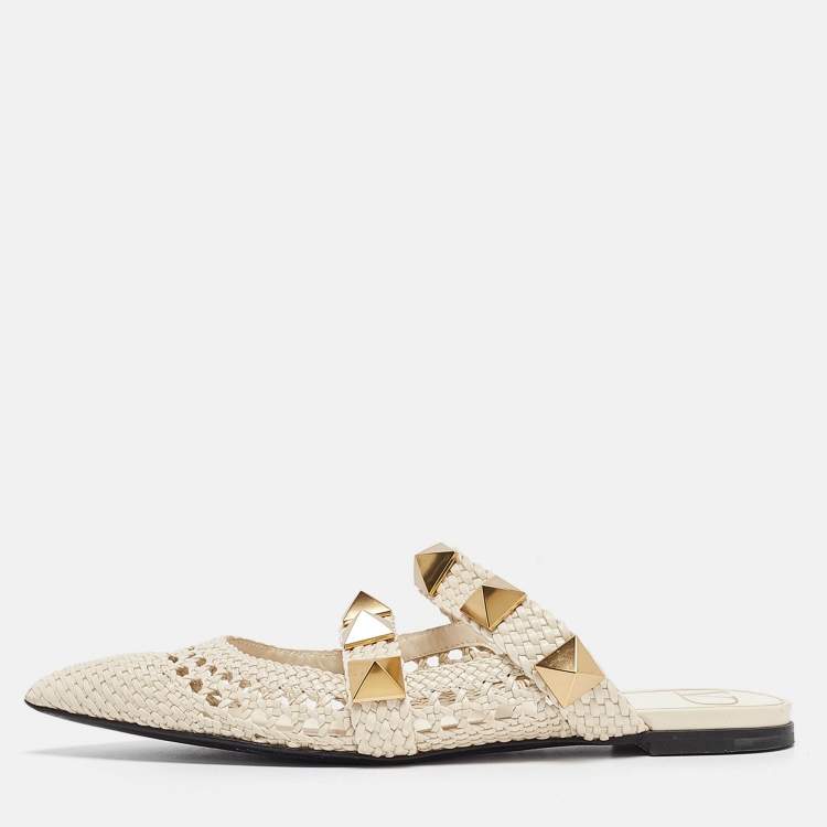 Pre Owned Valentino White Woven Leather Roman Rockstud Flat Mules Size 38