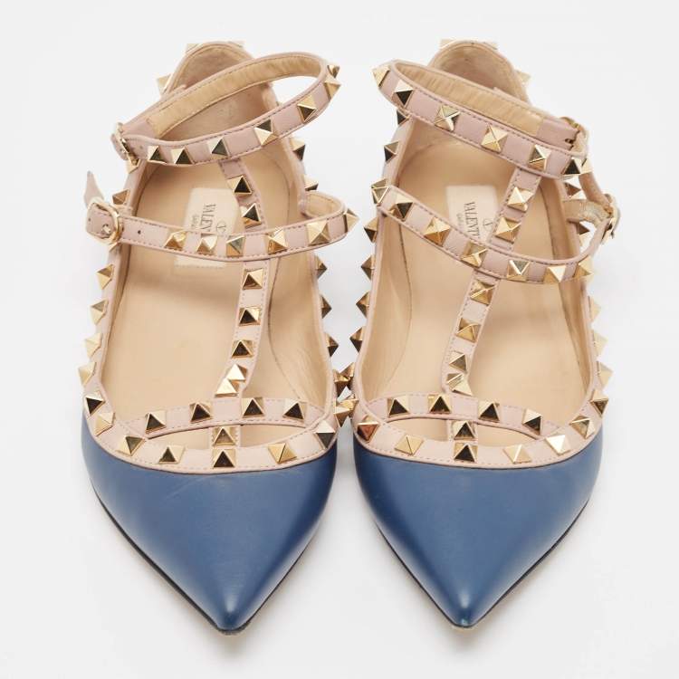 Pre Owned Valentino Blue/Dusty Pink Leather Rockstud Ankle Strap Flats Size 40