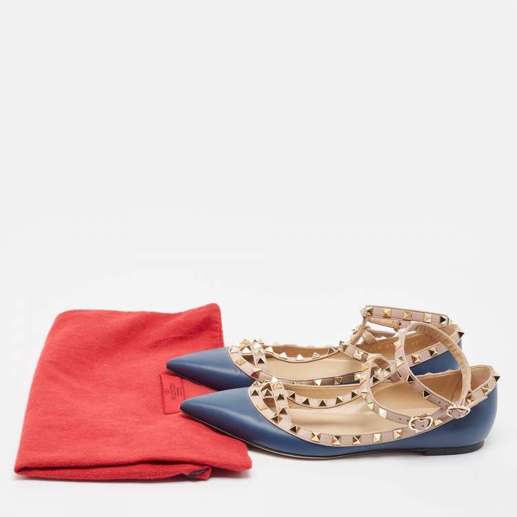 Pre Owned Valentino Blue/Dusty Pink Leather Rockstud Ankle Strap Flats Size 40