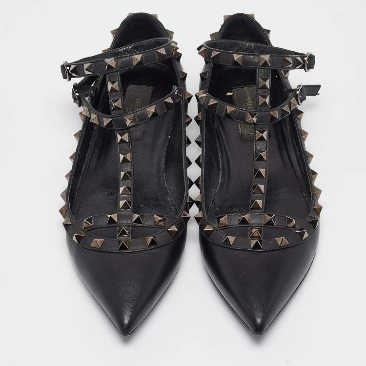 Pre Owned Valentino Black Leather Rockstud Ballet Flats Size 39