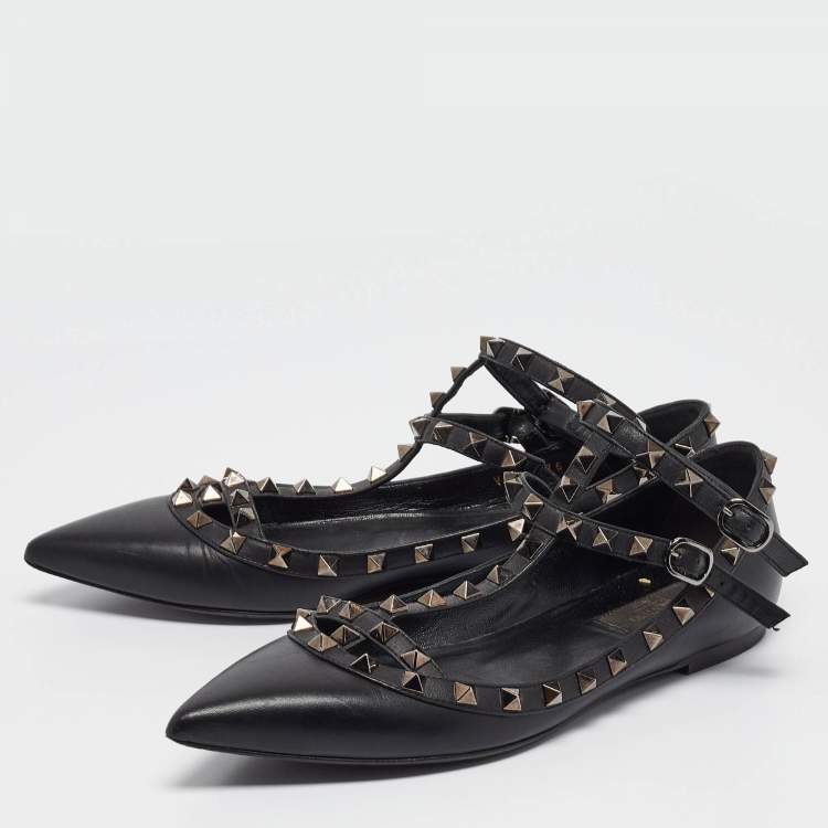 Pre Owned Valentino Black Leather Rockstud Ballet Flats Size 39
