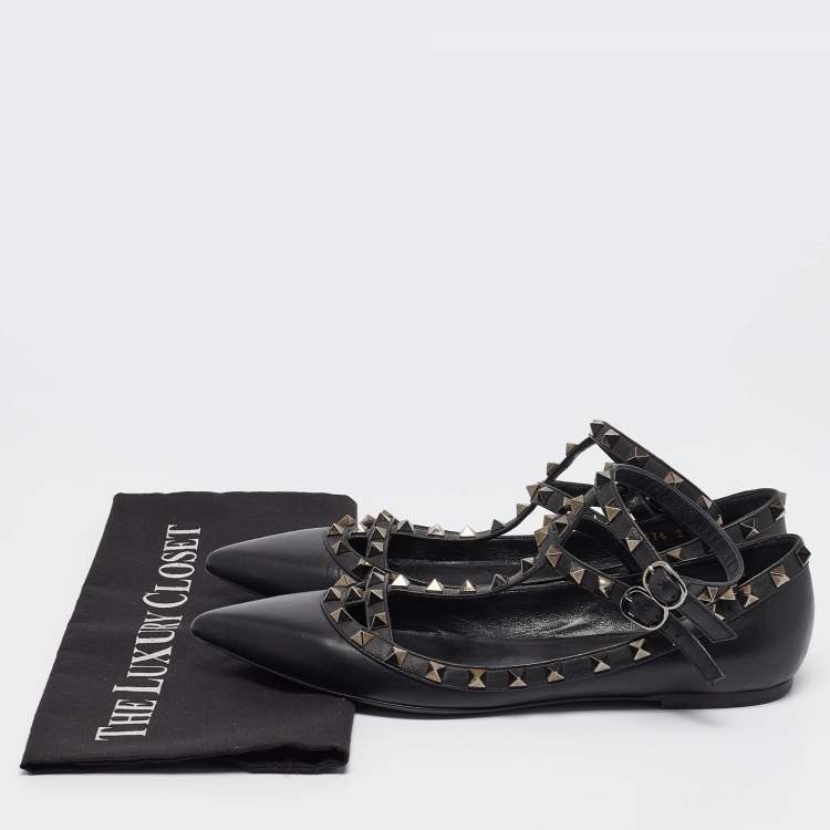 Pre Owned Valentino Black Leather Rockstud Ballet Flats Size 39