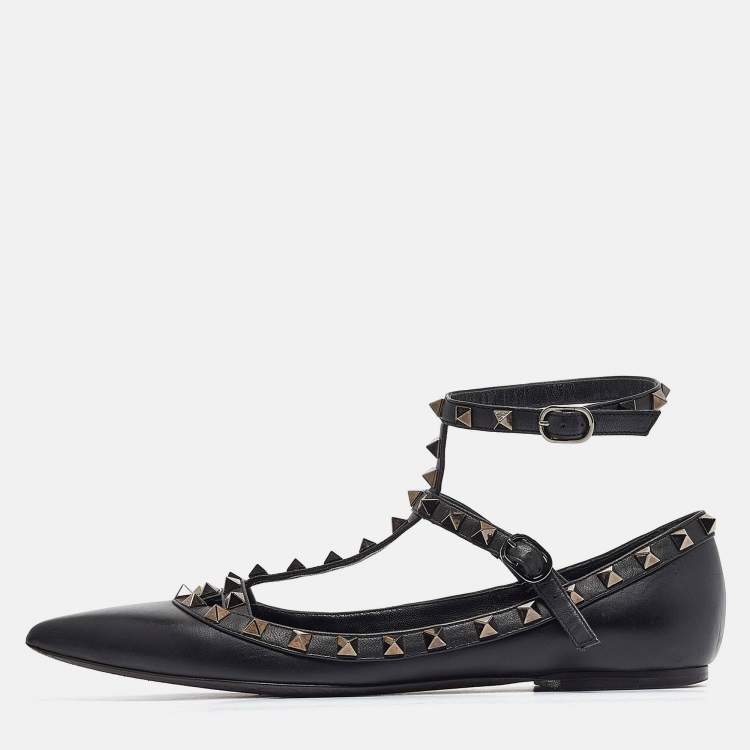 Pre Owned Valentino Black Leather Rockstud Ballet Flats Size 39