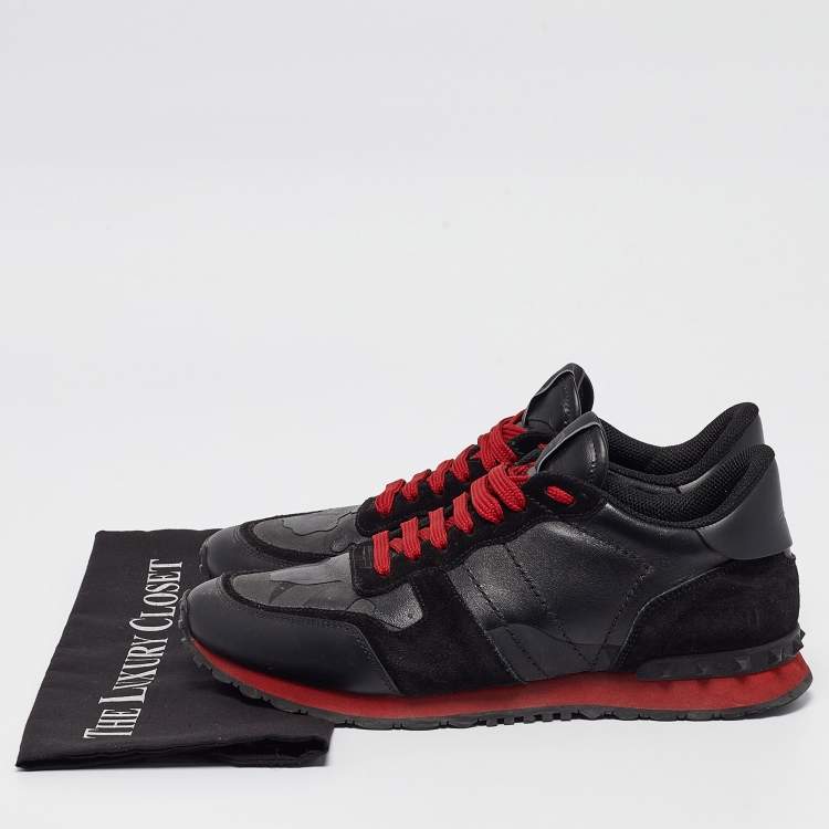 Pre Owned Valentino Black Leather and Suede Rockrunner Lace Up Sneakers Size 42.5