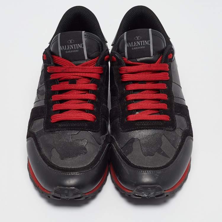 Pre Owned Valentino Black Leather and Suede Rockrunner Lace Up Sneakers Size 42.5