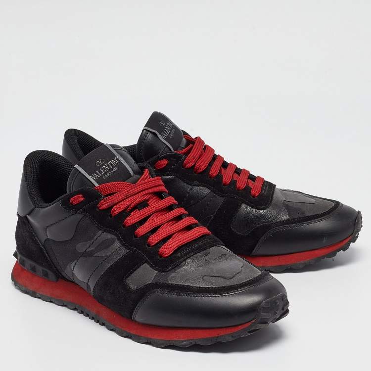 Pre Owned Valentino Black Leather and Suede Rockrunner Lace Up Sneakers Size 42.5