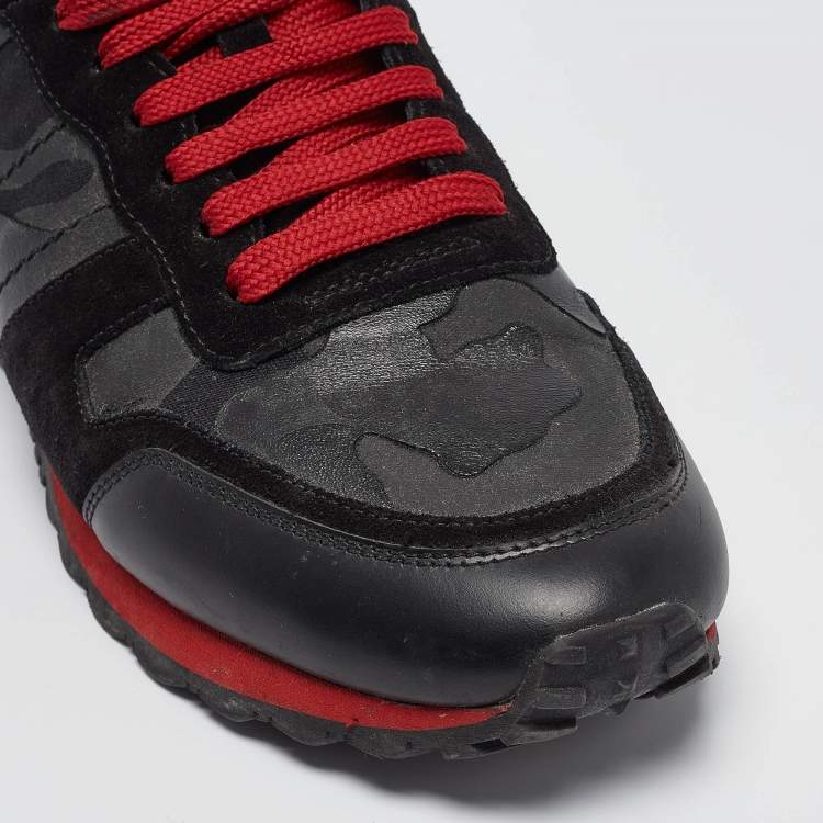 Pre Owned Valentino Black Leather and Suede Rockrunner Lace Up Sneakers Size 42.5