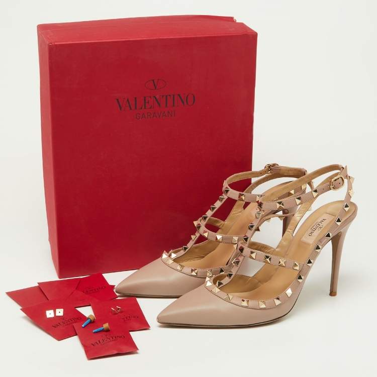 Pre Owned Valentino Pink Leather Rockstud Ankle Strap Cage Sandals Size 42
