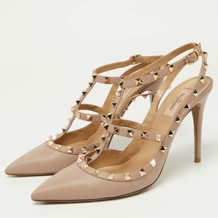 Pre Owned Valentino Pink Leather Rockstud Ankle Strap Cage Sandals Size 42