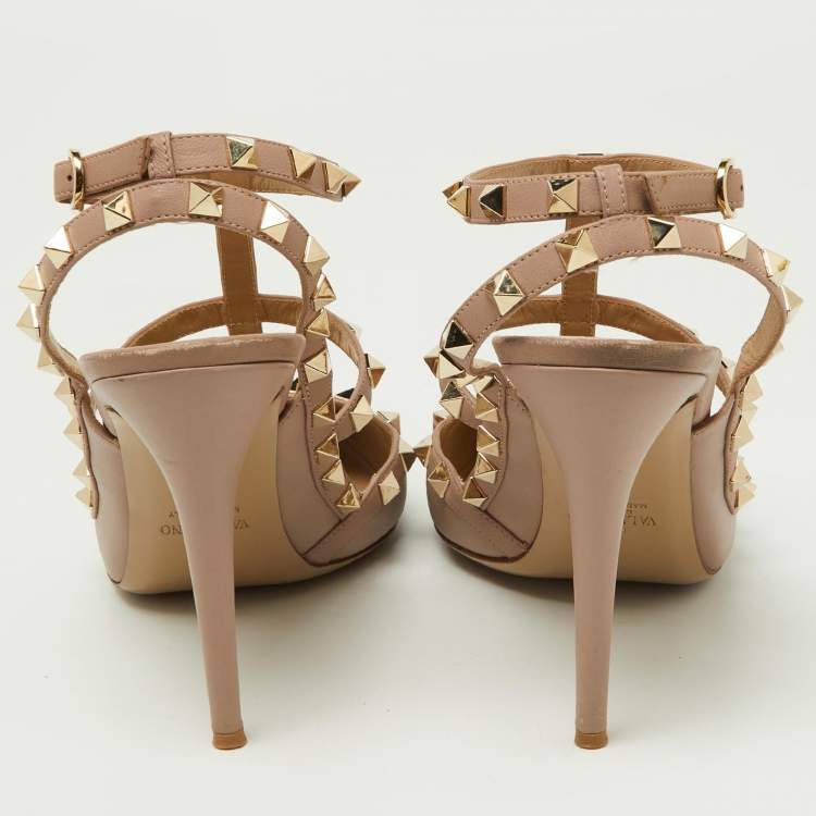 Pre Owned Valentino Pink Leather Rockstud Ankle Strap Cage Sandals Size 42