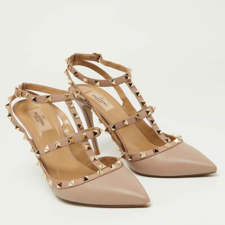 Pre Owned Valentino Pink Leather Rockstud Ankle Strap Cage Sandals Size 42