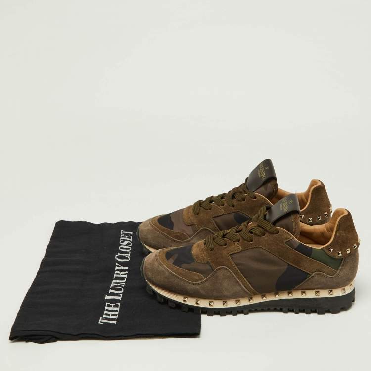 Pre Owned Valentino Green/Brown Suede and Camouflage Canvas Rockrunner Low Top Sneakers Size 35
