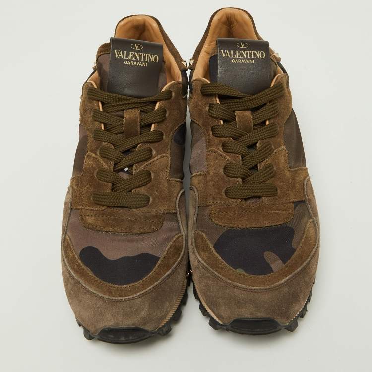 Pre Owned Valentino Green/Brown Suede and Camouflage Canvas Rockrunner Low Top Sneakers Size 35
