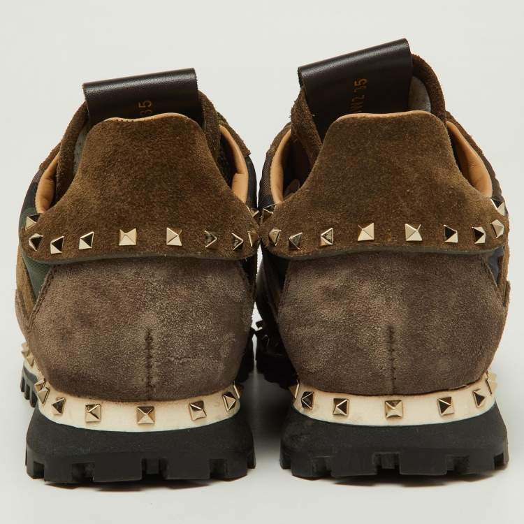 Pre Owned Valentino Green/Brown Suede and Camouflage Canvas Rockrunner Low Top Sneakers Size 35