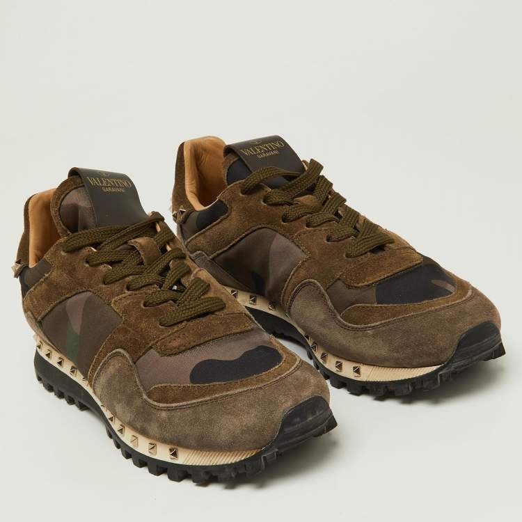 Pre Owned Valentino Green/Brown Suede and Camouflage Canvas Rockrunner Low Top Sneakers Size 35