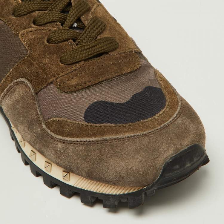Pre Owned Valentino Green/Brown Suede and Camouflage Canvas Rockrunner Low Top Sneakers Size 35
