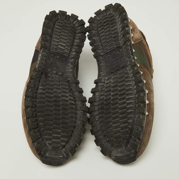 Pre Owned Valentino Green/Brown Suede and Camouflage Canvas Rockrunner Low Top Sneakers Size 35