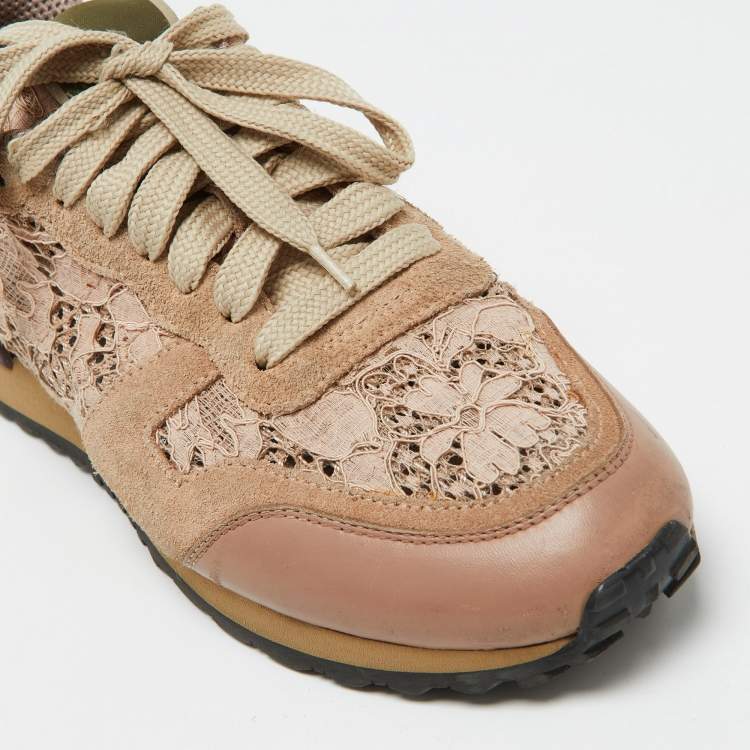 Pre Owned Valentino Beige/Pink Floral Lace and Leather Rockrunner Low Top Sneakers Size 35