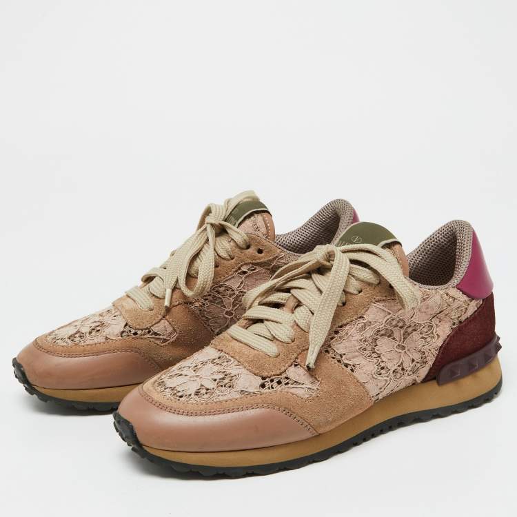 Pre Owned Valentino Beige/Pink Floral Lace and Leather Rockrunner Low Top Sneakers Size 35