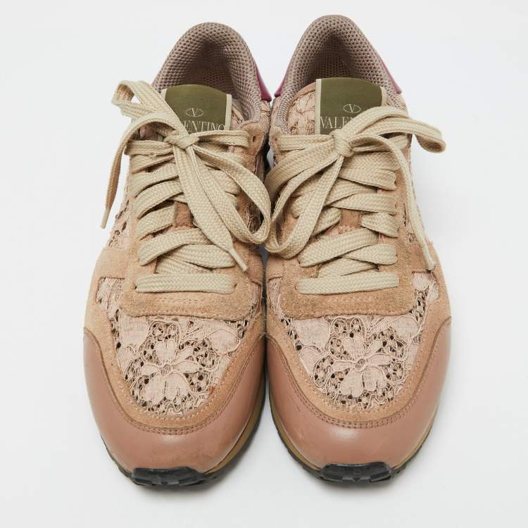 Pre Owned Valentino Beige/Pink Floral Lace and Leather Rockrunner Low Top Sneakers Size 35