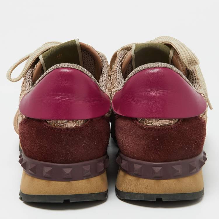 Pre Owned Valentino Beige/Pink Floral Lace and Leather Rockrunner Low Top Sneakers Size 35
