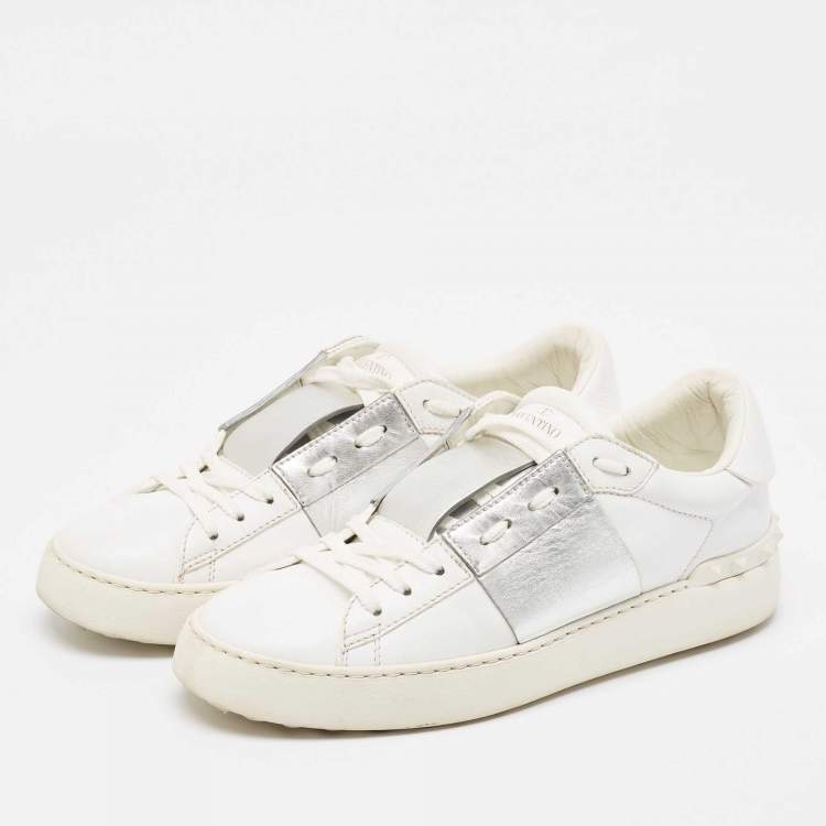 Pre Owned Valentino White Leather Rockstud Lace Up Sneakers Size 38