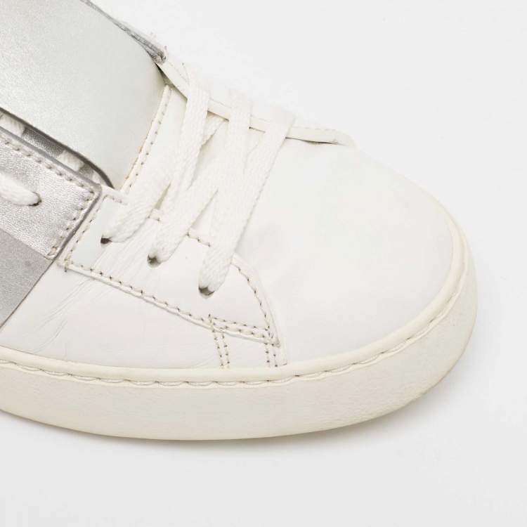 Pre Owned Valentino White Leather Rockstud Lace Up Sneakers Size 38